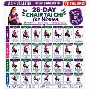 May include: A 28-day chair tai chi exercise chart for women, featuring daily illustrated movements from week 1 to week 4. The document includes text instructions for each day, a purple color scheme, and a header titled 28-Day Chair Tai Chi for Women.