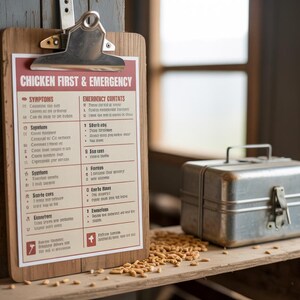 Puede incluir: Un portapapeles de madera con un clip de metal que sujeta un documento titulado Chicken First & Emergency, con una lista de síntomas y contactos de emergencia en texto rojo y negro sobre un fondo crema, junto a una pequeña caja de almacenamiento de metal plateado.