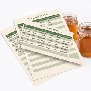 May include: A stack of printed Hive Inspection Log sheets with green headers and columns for date, hive number, queen status, brood, stores, temper, and notes. Two glass jars filled with amber honey are positioned next to the paper logs.