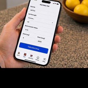 May include: A smartphone displaying an Add New Vial screen with input fields for Peptide MOTSC, Vial Strength 40, Bacteriostatic Water 3 mL, and Dose fields set to 4 mg and 4000 mcg, featuring a blue Calculate Dose button and a bottom navigation bar.