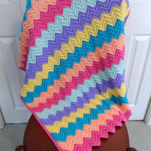 Crochet Baby Blanket, Child Afghan, Rainbow of  Colors, Crib Size, Kids Throw, Girls, Chevron Ripple Pattern