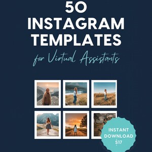 May include: A digital product graphic with a dark blue background featuring the white text 50 INSTAGRAM TEMPLATES for Virtual Assistants. Below the text are six square photo frames displaying outdoor scenes, and the brand name WYZLARK at the bottom.