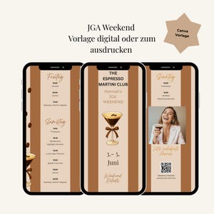May include: Three smartphone screens displaying a digital itinerary template for a weekend event. The design features a brown and beige color scheme with coffee bean graphics, an espresso martini illustration, and text including JGA Weekend.