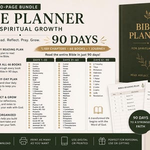 Pode incluir: Um conjunto de 10 páginas de planejador bíblico para crescimento espiritual, incluindo um plano de leitura de 90 dias, páginas de reflexão e um diário de oração. A capa verde escura exibe texto dourado e ícones de folhas.