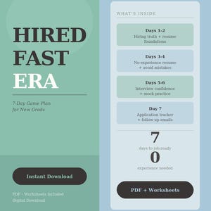 May include: A digital download graphic with the text "HIRED FAST ERA" and "7-Day Game Plan for New Grads." The graphic outlines a 7-day plan, including resume foundations, interview confidence, and application tracking. Includes PDF worksheets.