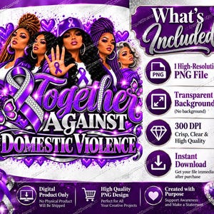 Könnte beinhalten: Ein digitales Grafikdesign mit vier verschiedenen Personen mit violetten Haaren und Kleidung, umgeben von violetten Herzen und Schleifen. Der Text lautet Together AGAINST DOMESTIC VIOLENCE. Enthält Symbole für PNG, transparenten Hintergrund, 300 DPI und Download.