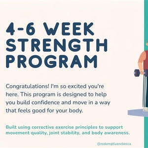 Könnte beinhalten: Eine digitale Grafik mit dem Titel 4-6 WEEK STRENGTH PROGRAM, die vier illustrierte Figuren beim Training mit Hanteln, einer Langhantel und einer Kettlebell zeigt. Der Text enthält eine Begrüßung und erwähnt korrigierende Trainingsprinzipien.