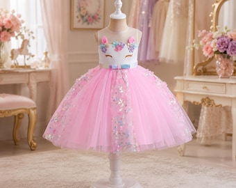 Vestido de unicornio para niñas, princesa de tul rosa y morado, fiesta de cumpleaños arcoíris, niña de las flores, concurso de belleza formal