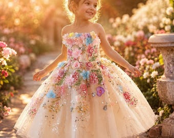Champagne Flower Girl Dress, 3D Floral Tulle Princess Dress, Toddler Girl Birthday Outfit, Wedding Party Dress