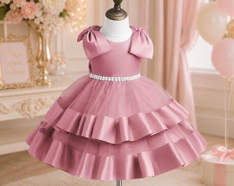 Girls Princess Tulle Dress: Satin Bows, Pearl Waistline, Puffy Skirt