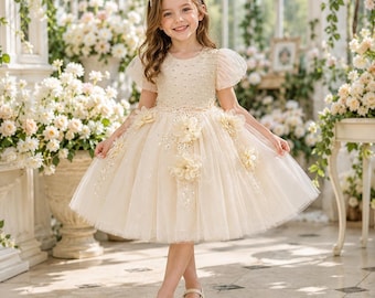 Abito da principessa per bambina, abito da festa in tulle con perline, abito da cerimonia con maniche a sbuffo per compleanno e matrimonio, abito formale con fiori 3D