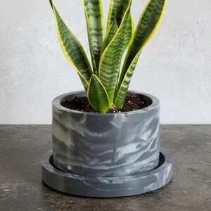 May include: A cylindrical gray and white marbled planter pot with a matching circular saucer base. The planter contains a snake plant with upright, sword-shaped green leaves featuring dark horizontal bands and distinct yellow margins along the edges.