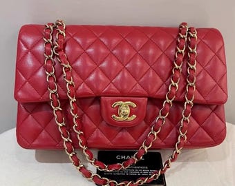 Chanel Red Lambskin Classic Flap Bag | Medium Double Gold Hardware