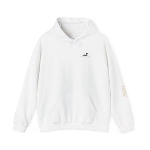 May include: A white long-sleeve hooded sweatshirt featuring a drawstring hood and a front kangaroo pocket. The chest displays a small graphic of a loon with the text "BURTON NORTH" below it. The right sleeve features the vertical text "PIND".