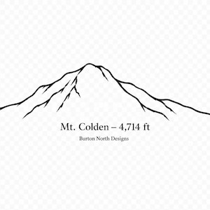 May include: A black line art illustration of the Mt. Colden mountain peak. Below the mountain graphic, the text reads Mt. Colden – 4,714 ft, followed by the text Burton North Designs. The design is presented against a transparent background.