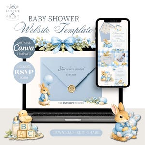 May include: A baby shower website template displayed on a laptop and smartphone screen. The design features watercolour illustrations of rabbits, blue flowers, and a light blue envelope with a wax seal. Text includes BABY SHOWER, Website Template, and RSVP.