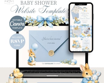 Peter Rabbit Website Vorlage für die Babyparty, bearbeitbare Canva Einladung (digitaler Download), Antwortgebe, Junge, Bunny Theme
