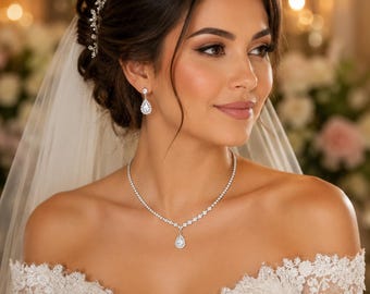 Kristall Braut Halskette Ohrringe Set, Silber Strass Hochzeit Schmuck