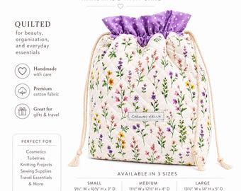 Handmade Floral Drawstring Bag | Toiletry, Project, Travel Organizer