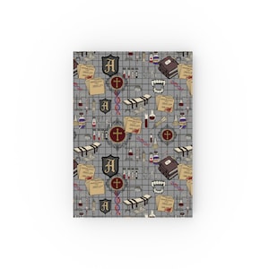 May include: A repeating pattern on a grey grid background featuring medical and gothic elements including brown file folders, black shields with the letter A, red crosses, DNA strands, syringes, test tubes, vampire fangs, and examination tables.