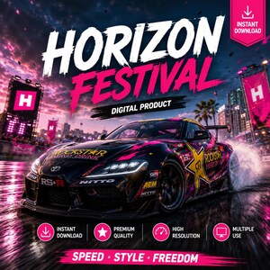 Op de afbeelding: Een advertentie voor een digitaal product, het Horizon Festival. De afbeelding toont een zwarte en roze raceauto met Rockstar Energy Drink-branding. Tekst bevat "Horizon Festival", "Digital Product" en pictogrammen voor direct downloaden, premium kwaliteit, hoge resolutie en meervoudig gebruik.