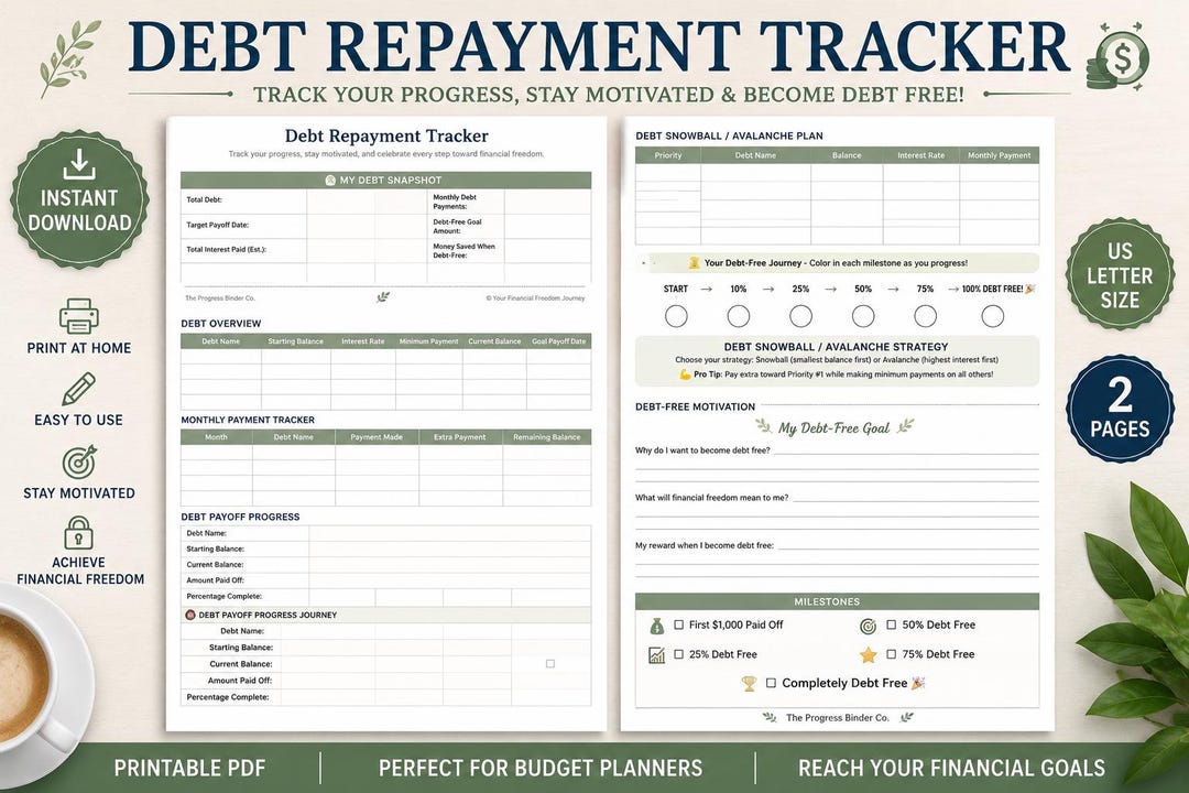Repayment Worksheet Debt Repayment Tracker Printable PDF, Editable Debt Snowball Planner ...