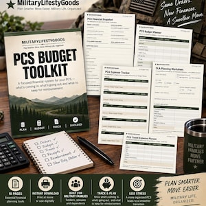 May include: A PCS Budget Toolkit financial planning set featuring a cover page with mountain imagery, multiple tracking worksheets, a spiral-bound notebook with a checklist, a black calculator, and a dark green tumbler with white text.