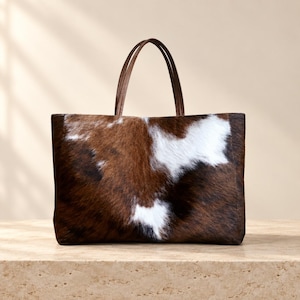 May include: A rectangular tote bag featuring a brown and white cowhide pattern with a textured fur finish. The bag includes two thin, dark brown leather handles attached to the top edge, providing a structured shape for carrying personal items.