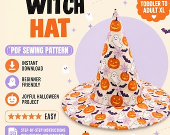 Witch Hat Sewing Pattern PDF, 8 Sizes, Toddler to Adult Men , DIY Halloween Costume Hat, Witch Hat, Instant Download