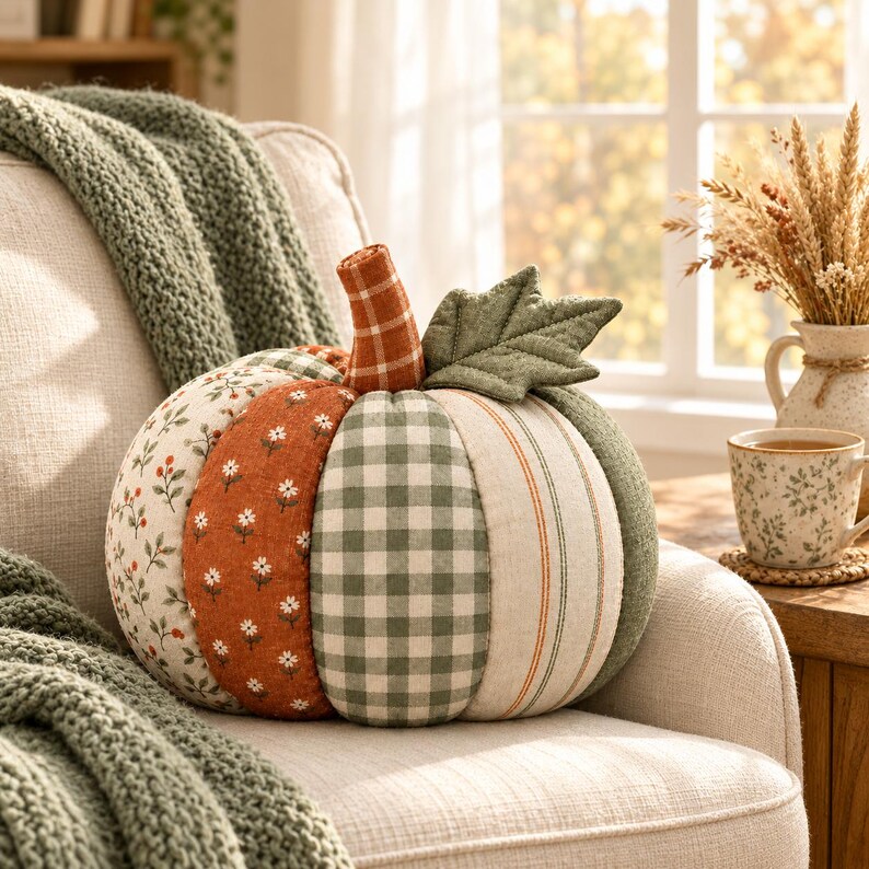 May include: A decorative fabric pumpkin featuring alternating vertical panels of various patterns including a green and white gingham check, a rust orange floral print, a cream floral print, and a cream fabric with thin orange and green stripes.