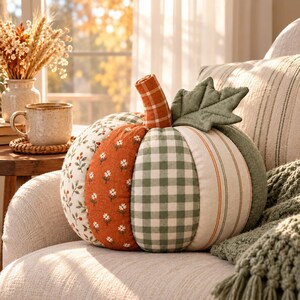 May include: A stuffed fabric pumpkin featuring alternating vertical panels of white floral print, solid burnt orange with white flowers, green and white gingham check, and cream fabric with thin vertical stripes, topped with a green fabric leaf.