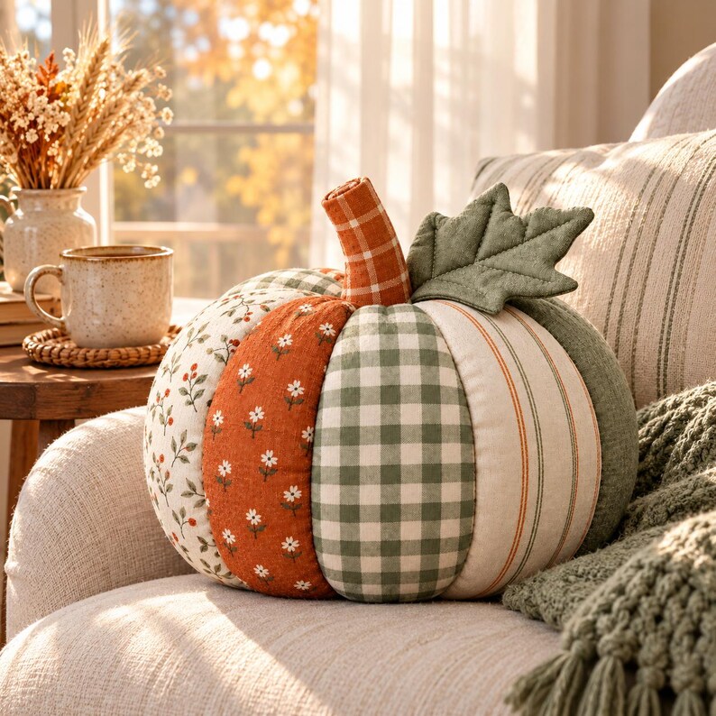 May include: A stuffed fabric pumpkin featuring alternating vertical panels of white floral print, solid burnt orange with white flowers, green and white gingham check, and cream fabric with thin vertical stripes, topped with a green fabric leaf.