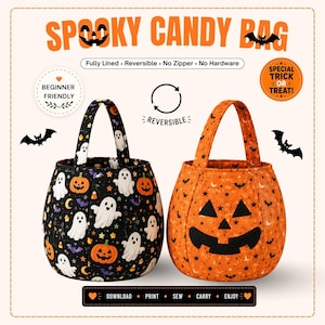 May include: Two reversible candy bags with Halloween themes. One bag features a black background with white ghosts, orange pumpkins, and bats. The other bag is orange with a black jack-o'-lantern face and small black stars and bats. Text includes SPOOKY CANDY BAG.