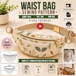 Könnte beinhalten: Ein Bauchtaschen-Schnittmuster aus cremefarbenem Stoff mit botanischem Blattmuster in Grün, Braun und Schwarz. Die Tasche hat einen goldenen Reißverschluss, einen beigen verstellbaren Gurt mit goldener Schnalle und goldene D-Ringe. Text: WAIST BAG SEWING PATTERN.