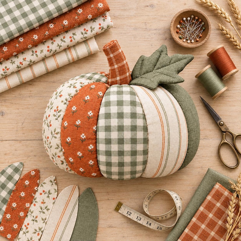 May include: A fabric pumpkin pincushion featuring alternating panels of green gingham, orange floral, and striped fabric. It includes a stuffed orange stem and a green fabric leaf. The pumpkin is surrounded by sewing supplies including spools of thread, a bowl of pins, scissors, and a measuring tape showing centimetres.