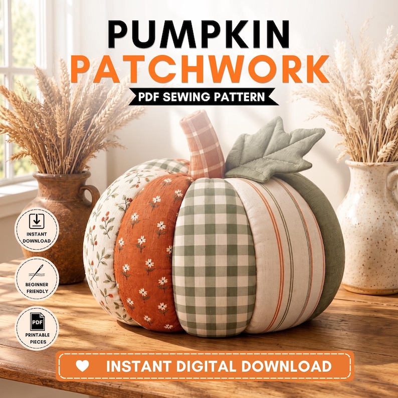 May include: A fabric pumpkin featuring patchwork segments in various patterns including white floral, orange floral, green gingham, and striped fabric. The pumpkin has a plaid stem and a green leaf. Text reads PUMPKIN PATCHWORK PDF SEWING PATTERN.