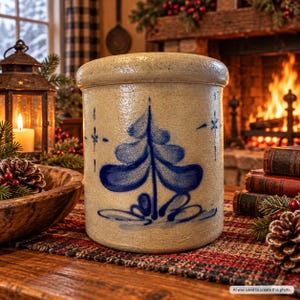 May include: A cylindrical stoneware crock with a beige speckled finish, featuring a hand-painted blue pine tree design on the front. The vessel has a thick, rounded rim and a smooth, glazed surface, standing upright as a decorative container.