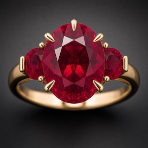 May include: A gold ring featuring a large oval-cut red gemstone in the center, flanked by two smaller round-cut red gemstones. The central stone is secured by six prongs, while the side stones are held by two prongs each on a polished gold band.