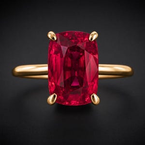 May include: A gold ring featuring a large, rectangular cushion-cut vibrant red gemstone set in a four-prong mounting. The band is smooth and polished, showcasing a simple design that highlights the deep red colour and faceted surface of the stone.