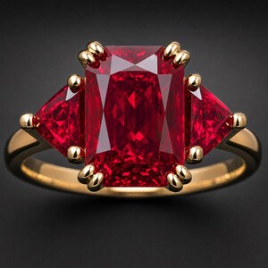 May include: A gold ring featuring a large, rectangular, faceted red gemstone in the centre, flanked by two smaller, triangular, faceted red gemstones. The stones are held in place by gold prongs on a polished gold band against a dark background.