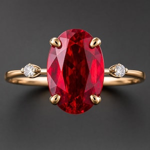Peut inclure: Une bague en or ornée d'une grande pierre précieuse rouge foncé taille ovale, maintenue par quatre griffes. L'anneau est fin et en or poli, agrémenté de chaque côté d'une petite pierre précieuse blanche transparente taille ronde.