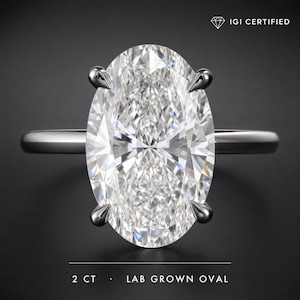 Anel solitário catedral com diamante oval de 2 quilates, cor D, pureza VVS2, cultivado em laboratório, anel de noivado com design horizontal/ocidental em ouro branco 14k com diamante cravejado em altura/2 quilates, oval