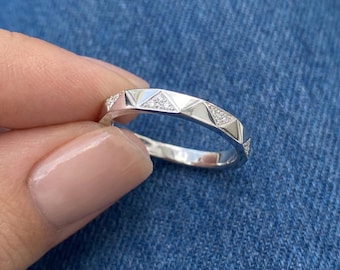 Faceted Pavé Diamond Wedding Band / Lab Grown Stacking Ring / Geometric 14k White Gold Eternity / Gift for Her