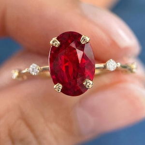 2 Carat Lab Grown Ruby Ring / 2 CT Oval Ruby Engagement Ring / Red Gemstone Solitaire / Dainty 14k Gold Thin Ring