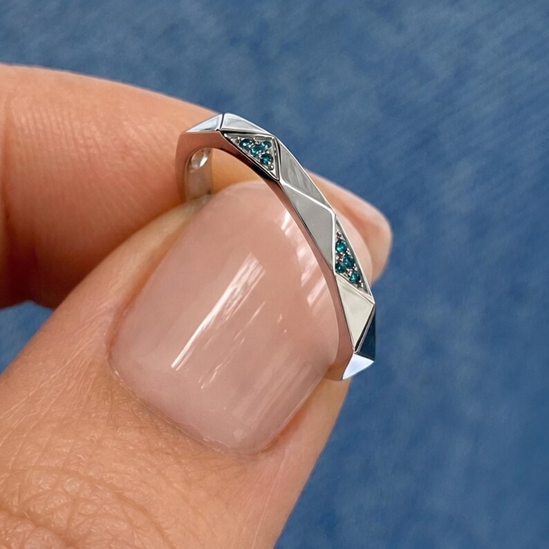 Faceted Pavé Teal Sapphire Wedding Band / Australian Stacking Ring / 14k White Gold Eternity image 1