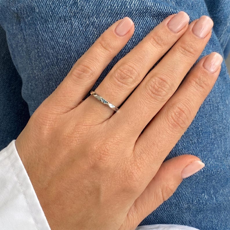 Faceted Pavé Teal Sapphire Wedding Band / Australian Stacking Ring / 14k White Gold Eternity image 5