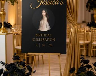 Birthday Welcome Sign with Photo • Black & Gold Editable Canva Template • Printable Digital File
