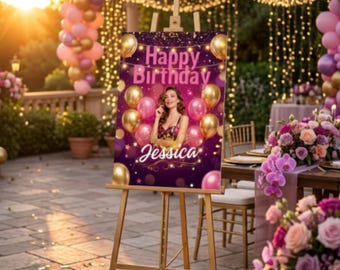 Bewerkbare verjaardagsbanner, bord aangepaste naam feest, canvassjabloon, afdrukbaar verjaardagsdecor