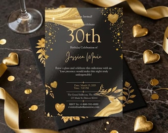 Paquete de invitaciones de cumpleaños en oro negro, invitación + invitación telefónica + pancarta, plantillas editables de Canva