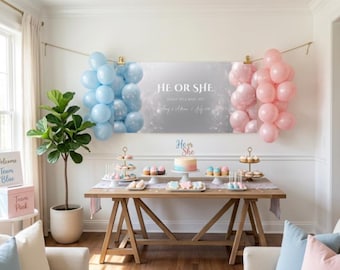 Gender Reveal Party Banner, Pink Blue Balloons, Editable Canva Template (Digital Download)